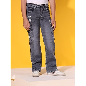 Sky Heights Boys Solid Cargo Jeans Mid