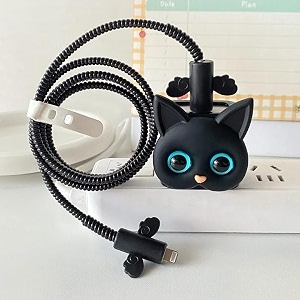 skycell charger case cover with full cable protector 3d cute pattern compatible for iphone charger only 18w amp 20w iphone 16iphone 13iphone 15iphone 14 black cat shining cable protector