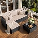 Skyfish Patio Furniture Set - Wide Armrests - All-Weather 5 Piece Outdoor Wicker Sectional Couch with Chaise Lounge,Couch Conversation Set, PE Rattan Sofa for Backyard Porch Poolside Black/Khaki