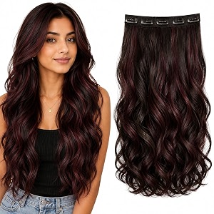 skyhair 5 clips based brown with maroon highlights curlywavy premium matte finish hair extensions  instant volume and length clip in volumizer for women and girls 
