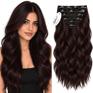 skyhair brown with maroon highlights 6 pieces 13 clips hair extensions  for added volume and length  slight natural waves texture  clip in volumizer for women and girls  premium matte finish  24 inches