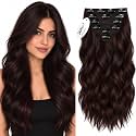 SkyHair BROWN with MAROON HIGHLIGHTS 6 Pieces 13 Clips Hair Extensions | For Added Volume and Length | Slight NATURAL WAVES Texture | Clip In Volumizer for Women and Girls | Premium Matte Finish | 24 Inches