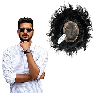 skyhair golden hair monofilament men39s premium hair patch100 virgin human hair wig durable toupee hair replacement system install with hair patch glue clips or tape 10x7 natural black