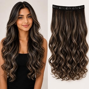skyhair 5 clips based lightblonde with dark brown highlights curlywavy premium matte finish hair extensions  instant volume and length clip in volumizer for women and girls 