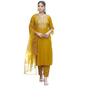 SKYLEE Silk Blend Embroidery Straight Kurta Set