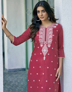 skylee chikan embroidery embellished dyedombre self design cotton blend straight kurta for women pink white