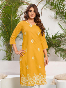 skylee chikan embroidery embellished dyedombre self design cotton blend straight kurta for women yellow