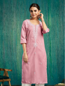 skylee chikan embroidery embellished dyedombre self design cotton blend straight kurta for women pink