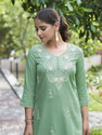 Skylee Chikan Embroidery, Embellished, Dyed/Ombre, Self Design Cotton Blend Straight Kurta for Women (Green)