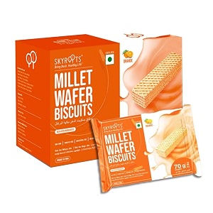 skyroots millet wafer biscuit - orange  healthy amp crunchy snack  naturally gluten-free  high protein  made with jowar amp bajra millets  no maida no preservatives  420g