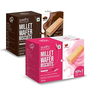 skyroots millet wafer biscuit - strawberry amp chocolate combo pack  healthy amp crunchy snack  naturally gluten-free  high protein  made with jowar amp bajra millets  no maida no preservatives  420g