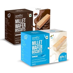 skyroots millet wafer biscuit - vanilla amp chocolate combo pack  healthy amp crunchy snack  naturally gluten-free  high protein  made with jowar amp bajra millets  no maida no preservatives  420g