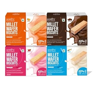 skyroots millet wafer biscit - assorted combo pack strawberry orage chocolate amp vanila  healthy amp crunchy snack  naturally gluten free  high protein  mode with jowar amp bajra millets  no maida no preservatives  420g each