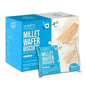 skyroots millet wafer biscuit - vanilla  healthy amp crunchy snack  naturally gluten-free  high protein  made with jowar amp bajra millets  no maida no preservatives  420g