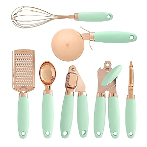 skytone 7 pices kitchen gadget set copper coated stainless steel utensils with soft touch blue handles kitchen tools green 7