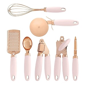 skytone 7 pices kitchen gadget set copper coated stainless steel utensils with soft touch blue handles kitchen tools pink 7