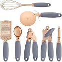 SKYTONE 7 Pices Kitchen Gadget Set Copper Coated Stainless Steel Utensils with Soft Touch Blue Handles Kitchen Tools (Grey, 7)