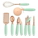 SKYTONE 7 Pices Kitchen Gadget Set Copper Coated Stainless Steel Utensils with Soft Touch Blue Handles Kitchen Tools (Green, 7)