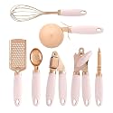 SKYTONE 7 Pices Kitchen Gadget Set Copper Coated Stainless Steel Utensils with Soft Touch Blue Handles Kitchen Tools (Pink, 7)