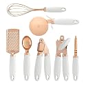 SKYTONE 7 Pices Kitchen Gadget Set Copper Coated Stainless Steel Utensils with Soft Touch Blue Handles Kitchen Tools (White, 7)