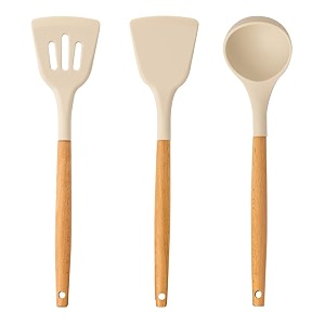 skytone silicone kitchen spatula and utensils spoon set 12-piece silicone kitchen cooking utensils set non-stick utensils set heat resistant easy clean bpa free cream -3 pcs spatula