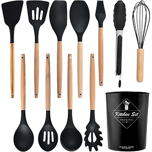 skytone silicone kitchen spatula and utensils spoon set 12-piece silicone kitchen cooking utensils set non-stick utensils set heat resistant easy clean bpa free black-2