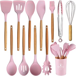 skytone silicone kitchen spatula and utensils spoon set 12-piece silicone kitchen cooking utensils set non-stick utensils set heat resistant easy clean bpa free tools pink 12