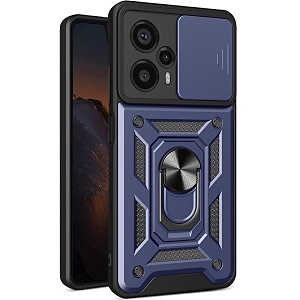 skytree xiaomi poco f5 5g robotic sliding camera window shock proof thunder case dual layer hybrid shockproof back cover case with kickstand for xiaomi poco f5 5g - blue