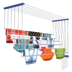 skywave luxury premium rust proof stainless steel ceiling clothes dryer hanger with uv protected nylon ropes individual dropdown clothes drying rack for balcony top 6 pipes x 5 feet