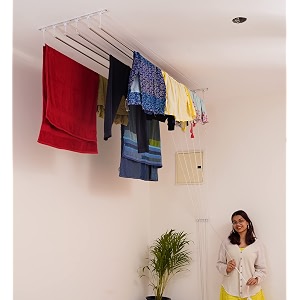 skywave luxury premium rust proof stainless steel ceiling clothes dryer hanger with uv protected nylon ropes individual dropdown clothes drying rack for balcony iron bracket 4 feet 6 pipes