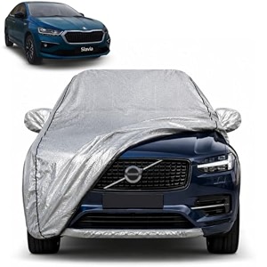 slavia 100 waterproof car cover  dustproof sun protection cover  soft cotton lining  triple stitched  mirror pocket  antenna pocket  all weather body cover silver with yellow piping