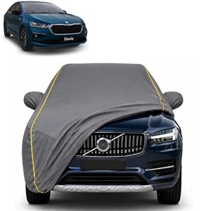 slavia 100 waterproof car cover  dustproof sun protection cover  soft cotton lining  triple stitched  mirror pocket  antenna pocket  all weather body cover grey with yellow piping
