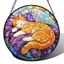 Sleeping Orange Cat Stained Glass Window Hanging Suncatcher Gifts 12"