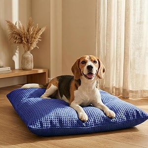 sleepycat original dog bed  cozy amp durable shredded foam cushioning  lightweight amp portable  scratch water amp chew resistant fabric  machine washable cover  blue medium 36 x 26 inches