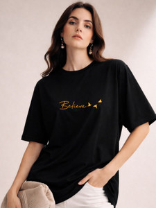 SLENOR Graphic Print Women Round Neck Black