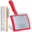 3-in-1 Long Pin Slicker Brush Set, Pet Grooming Kit,Red