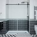 Sliding Shower Door 44-48 inch W×76 inch H, Stainless Steel Round Tube Track, 8mm Coated Tempered Glass, One Fixed &amp; One Sliding Panel, Matte Black Finish, Easy-Clean Frameless Design