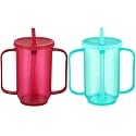 Sliner 2 Pcs Adult Sippy Cups for Elderly 12oz with Straw, Green,Red