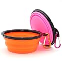 SLSON Collapsible Dog Bowls, 2 Pack, Portable Pet Feeding Watering Dish for Traveling with Carabiners (Small, Orange+Pink)