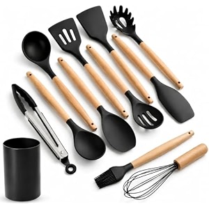 slyford silicone cooking utensils set with natural wooden handle - non-stick amp heat-resistant kitchen tools set with storage bucket black