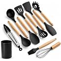 Slyford Silicone Cooking Utensils Set with Natural Wooden Handle - Non-Stick & Heat-Resistant Kitchen Tools Set with Storage Bucket (Black)