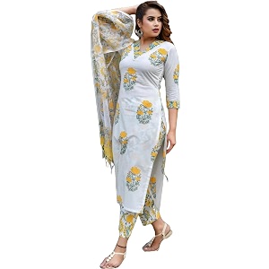 Women Printed Stylish White and Yellow Kurta