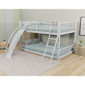 bunk bed for kids  bunk bed with slide  modern twin over twin bed frame with ladder for kids bedroom white finish