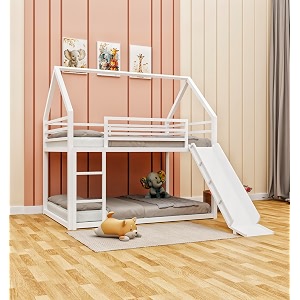 metal kids bunk bed with slide amp ladder  house shaped twin over twin bed frame for boys amp girls  low loft bunk for toddlers amp children  modern white playhouse bed for kids room