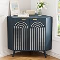 Small Corner Cabinet, Mid Century Modern Floor Storage Cabinet with Curved Doors and Shelf, Wooden Fluted Freestanding Narrow Storage Organizer for Living Room, Kitchen, Dining Room, Entryway, Blue