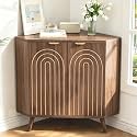Small Corner Cabinet, Mid Century Modern Floor Storage Cabinet with Curved Doors and Shelf, Wooden Fluted Freestanding Narrow Storage Organizer for Living Room, Kitchen, Dining Room, Entryway, Walnut