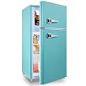 Small Fridge with Freezer Mini Refrigerator Double door Removable Glass Shelves 7 Temp Gear Detachable Handle Blue