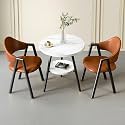 Small Round Reception Table with 2 Chairs, 2-Tier Faux Marble Dining Table and Chairs Set for Office, Lounge, Living Room, Kitchen (Brown Leather, 54x40x78cm)
