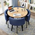 Small Round Table and Chairs Set, Round Dining Table and Chairs Set 4, Office Reception Room Club Table and Chair Set, Space-Saving for Home Living Room Balcony Cafe Break Room, PU Blue