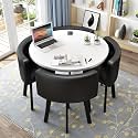 Small Space Dining Table, Round Dining Table and Chairs Set 4, Office Reception Room Club Table and Chair Set, Meeting Room Table for Home Living Room Balcony Cafe Break Room, PU Black